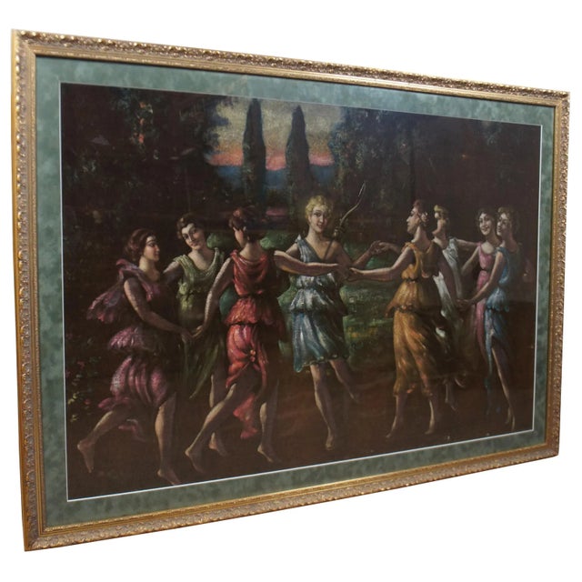 A large antique original oil painting re-imagining “The Dance of Apollo with the Muses” by Baldassare Peruzzi. “Baldassare...