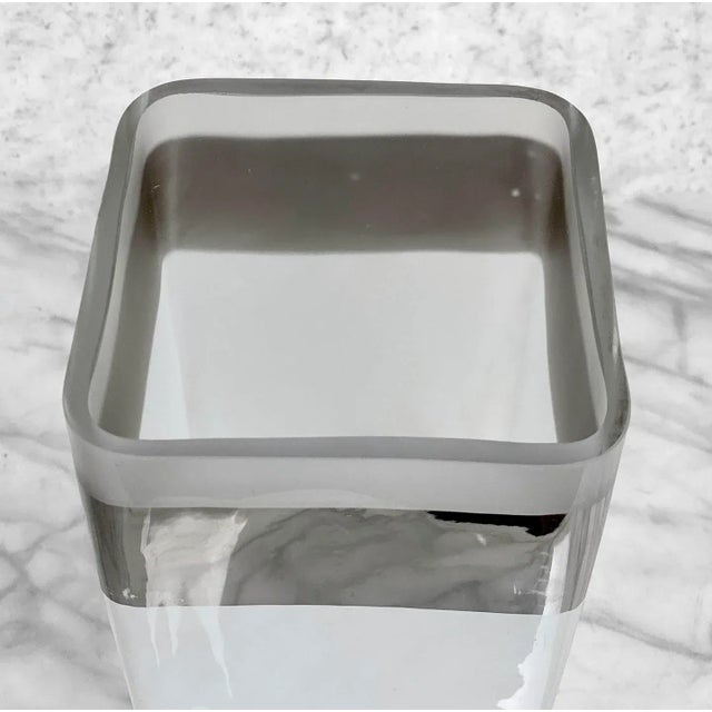 Vintage Italian Frosted Art Glass Chrome Rim Pillar Vase For Sale - Image 4 of 11