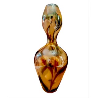 MCM Hand Blown Art Glass Venetian Style Hourglass Vase Cognac and Sepia Spirals For Sale