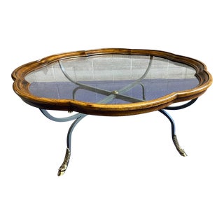 Mid 20th Century Drexel Scalloped Walnut Hoof-Foot Glass & Metal Coffee Table For Sale