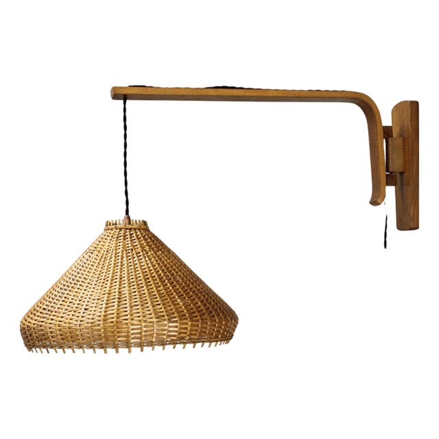 Adjustable Oak and Wicker Wall Lamp, Czechoslovakia, 1970s For Sale