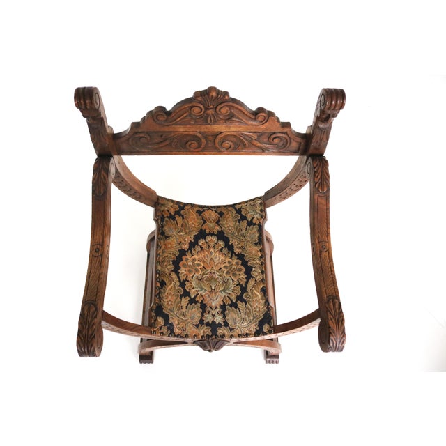 Wood Set of Antique French Dagobert Curule Throne Armchair with Footstool in Caved Oak, 1900s For Sale - Image 7 of 18