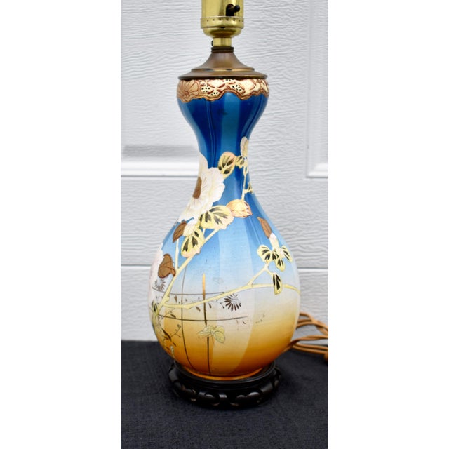 Antique Japanese Satsuma Vase Lamp Meiji Painted Porcelain Gold Bird Flower For Sale - Image 9 of 17