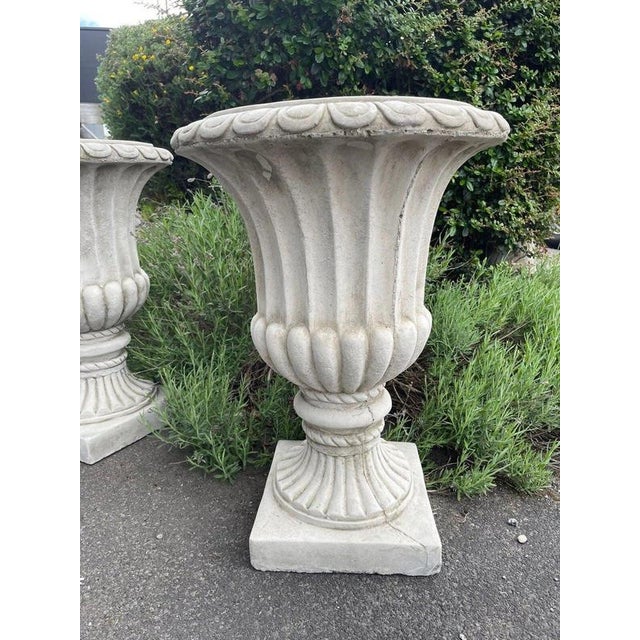 British Cast Stone Fluted Garden Urns, Set of 2 For Sale - Image 11 of 12