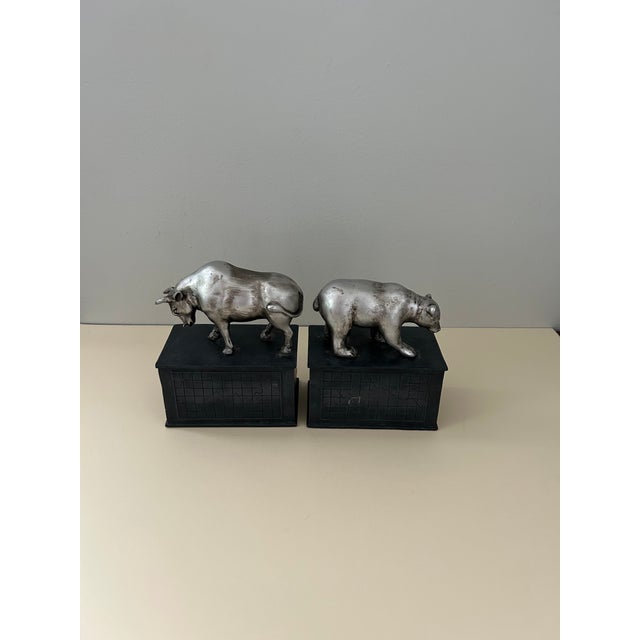 Vintage Bull & Bear Stock Market Bookends, Silver-Tone Metal For Sale In Washington DC - Image 6 of 15