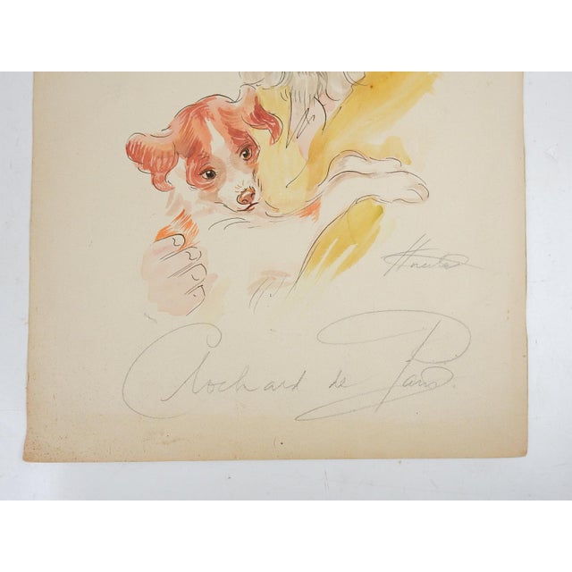 Vintage mid 20th century watercolor and ink on paper portrait painting of a man and his dog by Alice Huertas (20th...