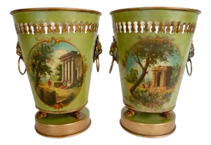 Pair French Green Painted Tole Cachepots or Platnern