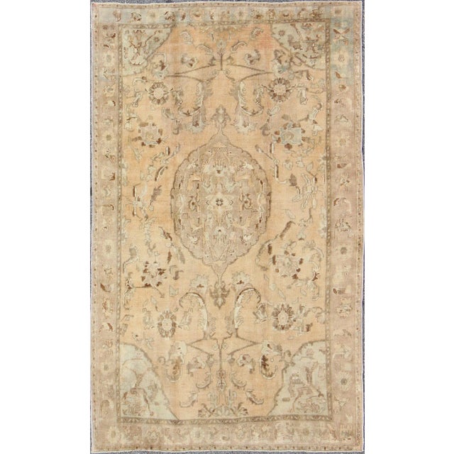 Vintage Turkish Oushak Rug in Faded Apricot, Taupe, and Pale Celadon Tones For Sale - Image 10 of 10