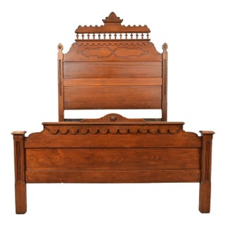 Herter Brothers Style Antique Monumental Eastlake Victorian Carved Walnut Full Size Bed, Circa 1880s For Sale