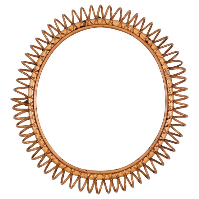 Mid-Century Spring Round Shape Mirror in Rattan, Wicker and Bamboo, Italy, 1960s For Sale
