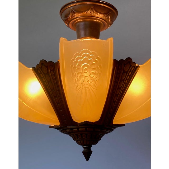 Art Deco 1930s Puritan 5-Light Flush Mount Copper-Plate Art Deco Chandelier, Slip Shades For Sale - Image 3 of 8