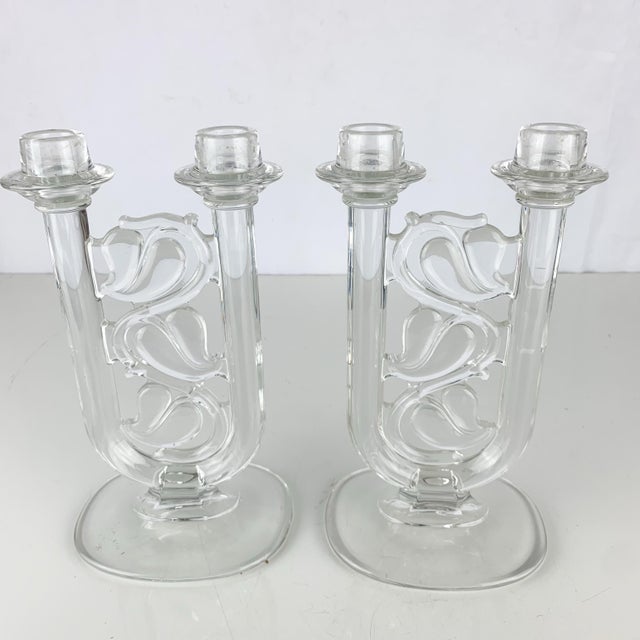 Vintage Crystal Glass Double Candlestick Holders Pair Ivy Vines Romantic Decor For Sale - Image 9 of 11