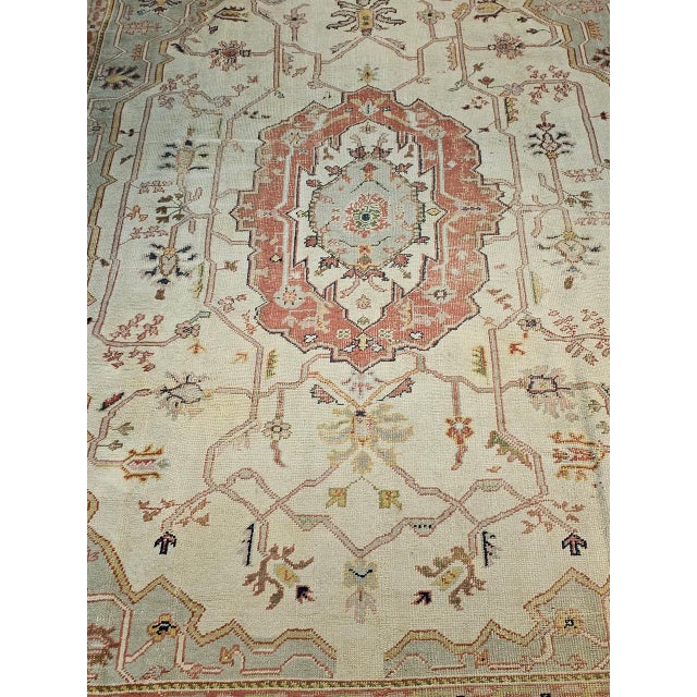 Ivory Vintage Turkish Oushak Rug, Hand-Knotted Geometric Pattern, Ivory & Brick Red, 12' X 14' For Sale - Image 8 of 13