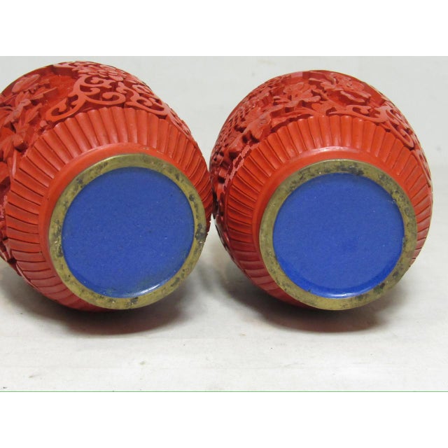 Red Pair of Chinese Cinnabar Lidded Vases For Sale - Image 8 of 12