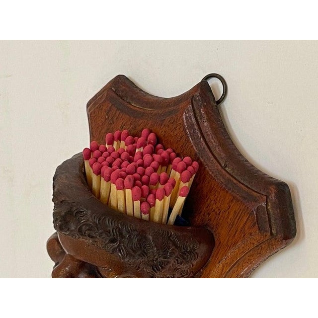 Late 19th Century Black Forrest Carved Black Walnut Toothless Man Motif Hanging Match Holder For Sale In West Palm - Image 6 of 11