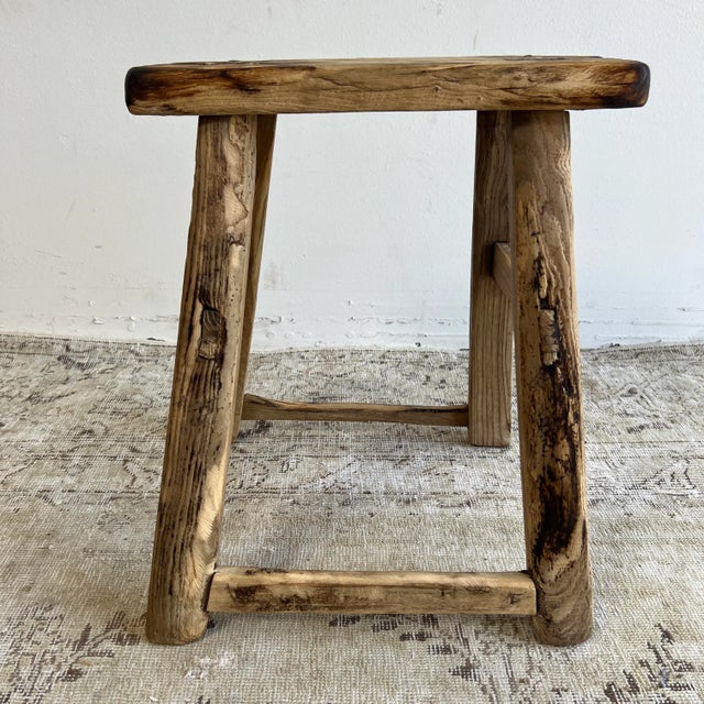 Mid-Century Modern Vintage Elm Wood Stool For Sale - Image 3 of 8