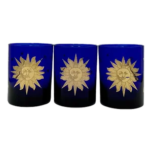 Vintage Set of 3 Culver Blue Celestial Sun Stars Moon Tumbler Cocktail Glasses