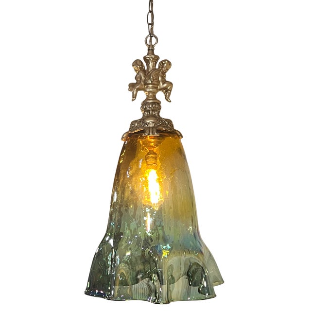 Mid-Century Modern Large Art Glass Fazzoletto Green Amber Cherub Pendant Light For Sale - Image 3 of 18