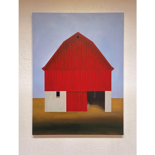 "Old Red" is an acrylic on canvas landscape painting by Justin Wheatley, completed in 2026. A red barn stands square to...