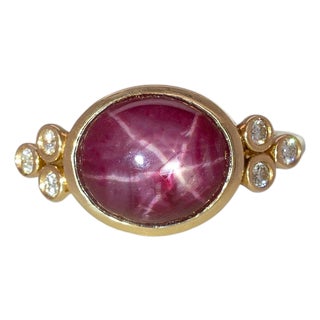 7.1cts East - West Star Ruby Ring With Natural Diamonds Accents: Solid 14k Gold, Size 6.75 For Sale