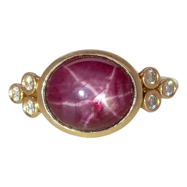 7.1cts East - West Star Ruby Ring With Natural Diamonds Accents: Solid 14k Gold, Size 6.75 For Sale