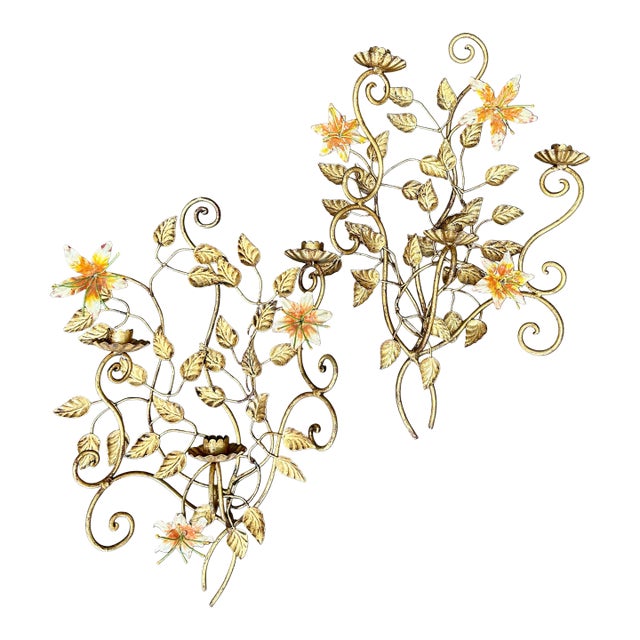 Pair Vintage Italian Hand Painted Gilt Tole Sconces For Sale