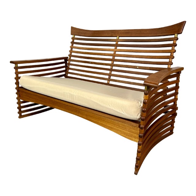 Vintage Slatted Teak Settee For Sale