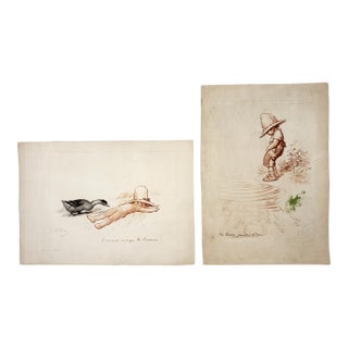 Pair of Antique Original Parisian Humor Art Lithographs From 1922 & 1926 by Artist George Redon For Sale