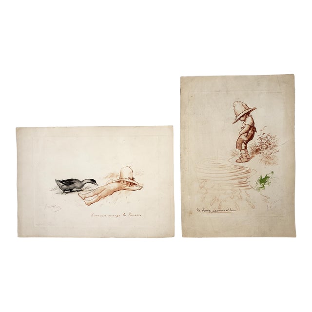 Pair of Antique Original Parisian Humor Art Lithographs From 1922 & 1926 by Artist George Redon For Sale