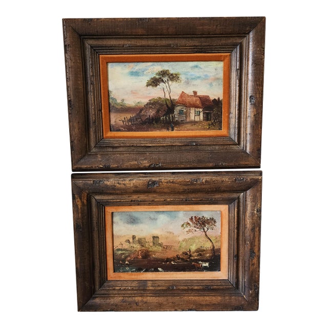 Antique Rustic Pastoral Oil Paintings - A Pair For Sale