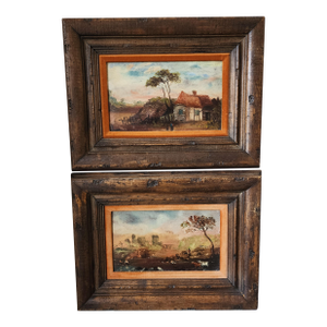 Antique Rustic Pastoral Oil Paintings - A Pair