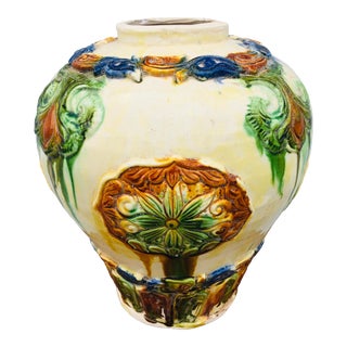 Vintage 1980s Handmade Majolica Pottery Vase For Sale