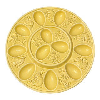 Vintage Bordallo Pinheiro Deviled Egg Bunny Majolica Platter For Sale