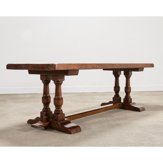 Early 20th Century Country French Provincial Oak Double Trestle Dining Table 7 Ft For Sale - Image 5 of 18