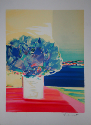 Claude Hemeret, Bouquet et fenêtre sur la mer, Lithograph