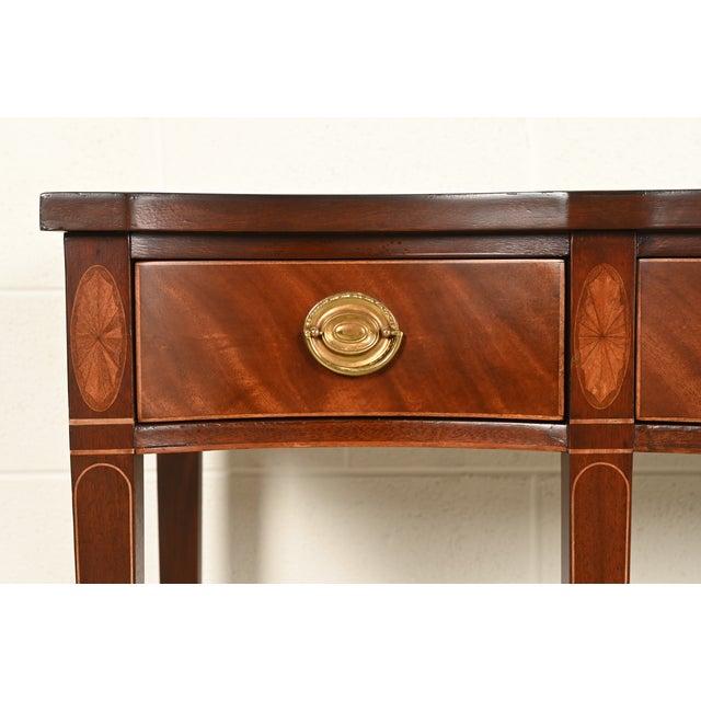 Brown Baker Furniture Historic Charleston Federal Inlaid Mahogany Three-Drawer Console Table | Newly Refinished For Sale - Image 8 of 14