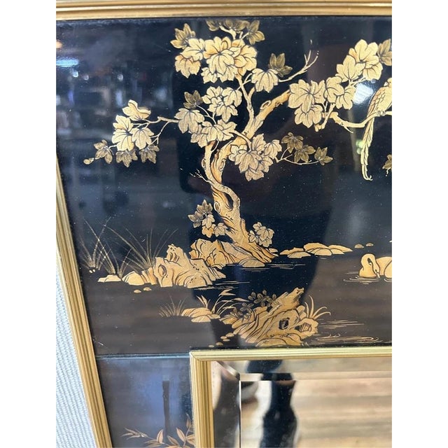 LaBarge eglomise chinoiserie mirror with rare black background. These are hand-painted in reverse on the back of the glass...