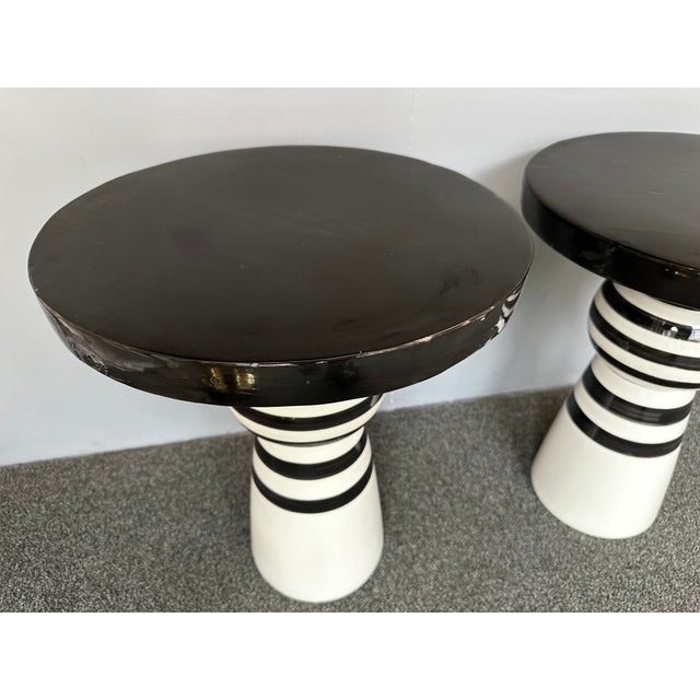 Mid-Century Modern Contemporary Pair of Black and White Ceramic Stripe Side Tables. Italy For Sale - Image 3 of 12