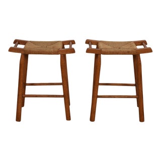 Pair of Rattan + Walnut Mid Century Modern Stools For Sale