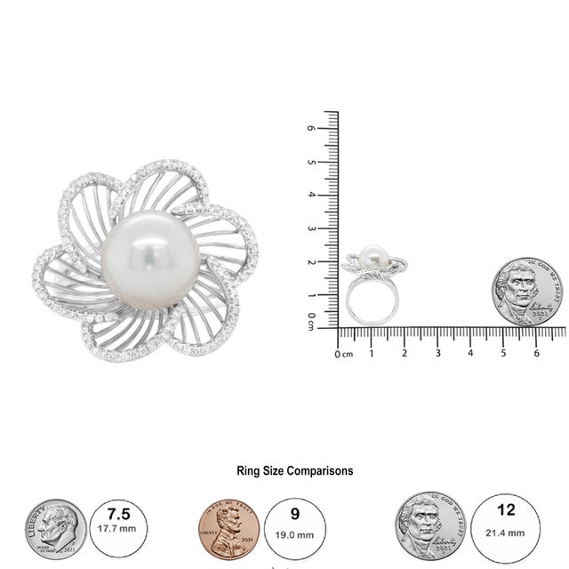 14K White Gold 11mm Round Pearl and 1/3 Cttw Round Diamond Openwork Flower Blossom Ring (H-I Color, VS1-VS2 Clarity) - Size 7 For Sale In New York - Image 6 of 6