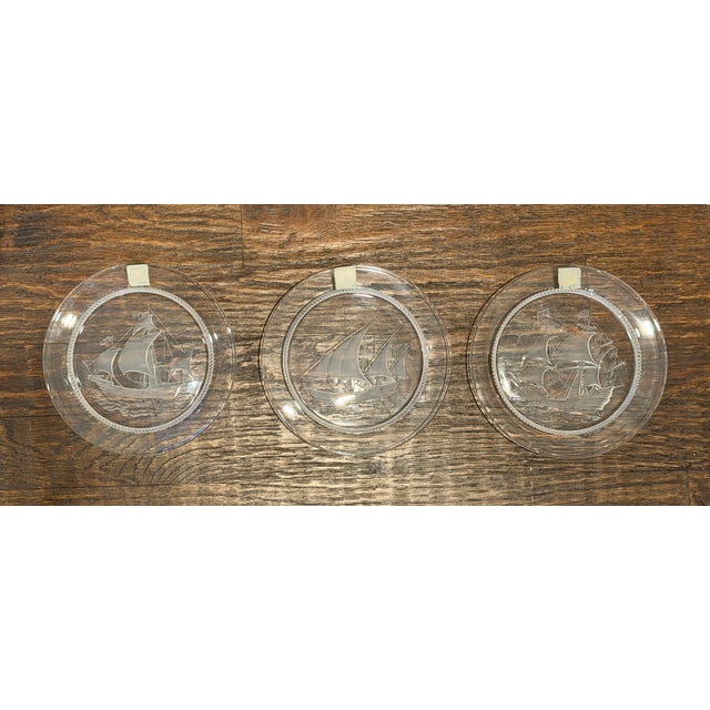 Glass Vintage Lalique France Crystal Sailing Ship Plates, Set of 3 For Sale - Image 7 of 10