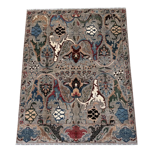 Sickle Leaf Area Rug, Hand-Knotted Wool, Floral, 9x12, Stone & Indigo For Sale