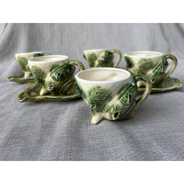 Green Vintage Majolica Style Shell Cup and Saucers Set of 9 Pieces For Sale - Image 8 of 17