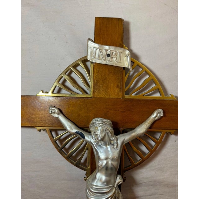 Large Vintage Church Used Wood Brass Ceremonial Processional Crucifix Cross For Sale - Image 11 of 13