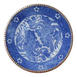 1900s Phoenix Meiji Japanese Igezara Transferware Blue and White Porcelain Plate
