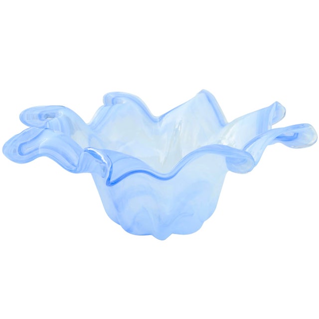 Spectacular midcentury blue glass Murano centerpiece meticulously handblown in an ornate playful and contemporary...