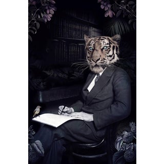 Wildlife Advocate by Marcin and Kate Owczarek | Digital Art of a man with a tiger head writing For Sale