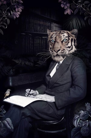 Wildlife Advocate by Marcin and Kate Owczarek | Digital Art of a man with a tiger head writing