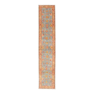 Turkish Angora Oushak Runner With Denim Blue Field and Rust Motifs For Sale