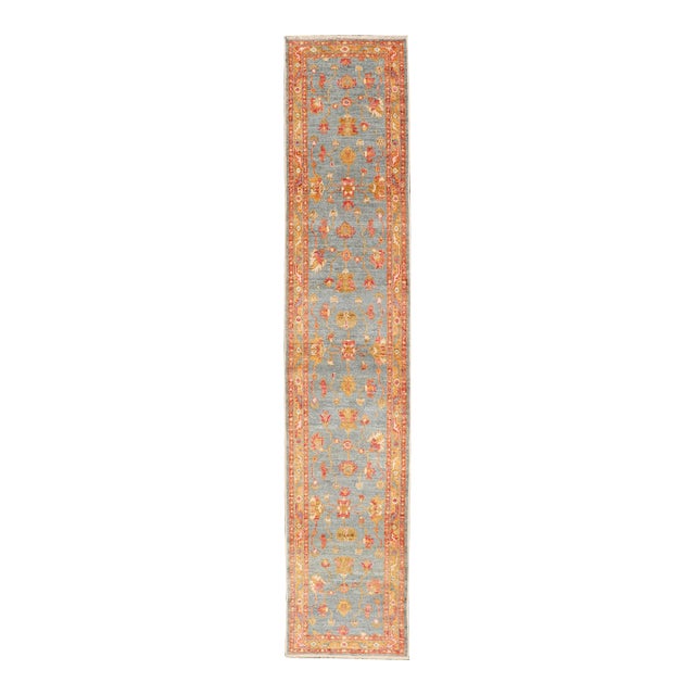 Turkish Angora Oushak Runner With Denim Blue Field and Rust Motifs For Sale